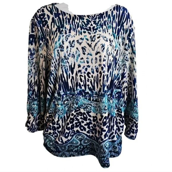 Chico's 3 XL Blue White Leopard Animal Print Flowy Boho Resort Y2K Blouse Top - Picture 2 of 6